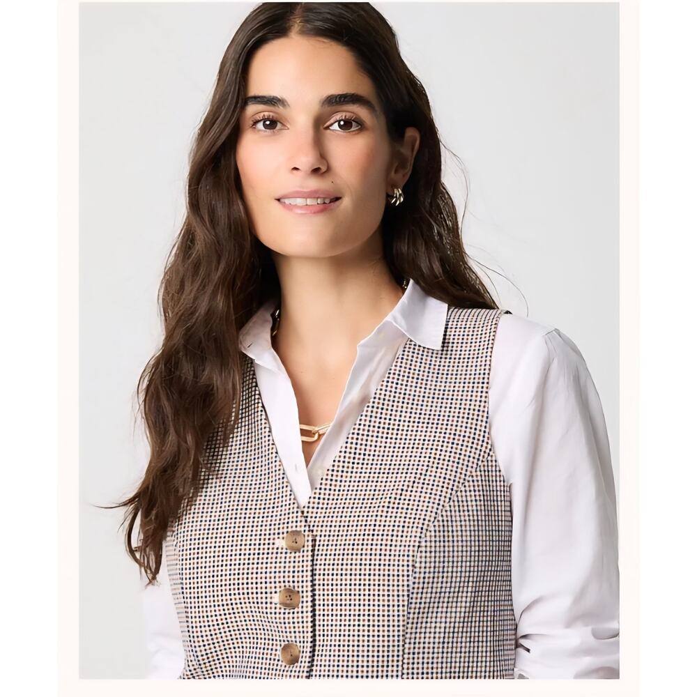J Crew Vest Womens 6 Tan Blue Plaid Button Up Preppy Academia Career Casual NEW - Picture 7 of 13